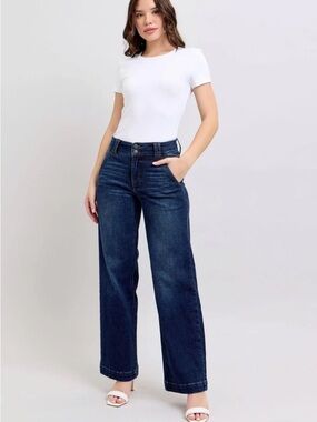 Judy Blue High Waist Wide Leg Jeans 5/27 Double Button Medium Wash 90s